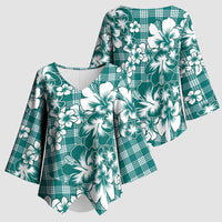 Hibiscus Pakala Aqua Teal Kimono Sleeve Blouse Tropical Floral Stylized - Polynesian Pride