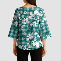 Hibiscus Pakala Aqua Teal Kimono Sleeve Blouse Tropical Floral Stylized - Polynesian Pride