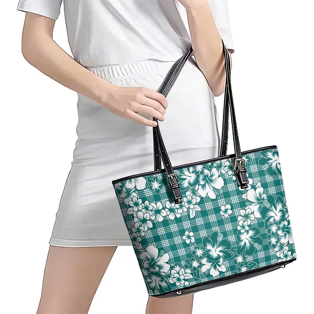 Hibiscus Pakala Aqua Teal Leather Tote Bag Tropical Floral Stylized - Polynesian Pride