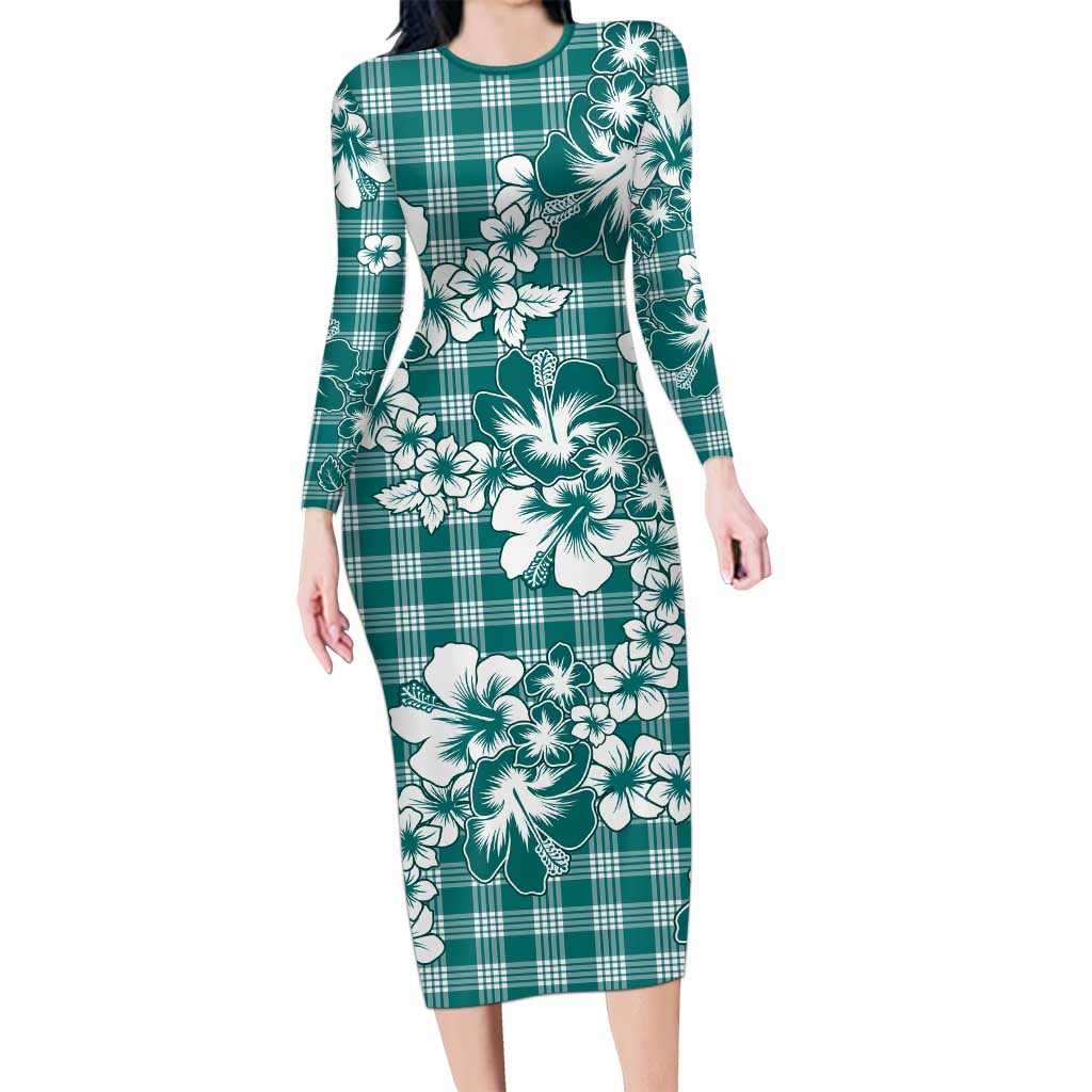 Hibiscus Pakala Aqua Teal Long Sleeve Bodycon Dress Tropical Floral Stylized - Polynesian Pride