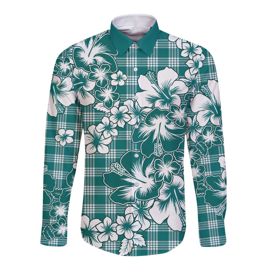 Hibiscus Pakala Aqua Teal Long Sleeve Button Shirt Tropical Floral Stylized - Polynesian Pride