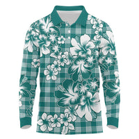 Hibiscus Pakala Aqua Teal Long Sleeve Polo Shirt Tropical Floral Stylized - Polynesian Pride