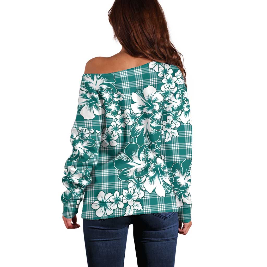 Hibiscus Pakala Aqua Teal Off Shoulder Sweater Tropical Floral Stylized - Polynesian Pride