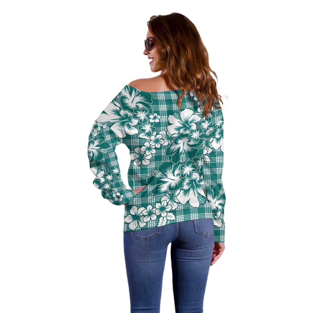 Hibiscus Pakala Aqua Teal Off Shoulder Sweater Tropical Floral Stylized - Polynesian Pride