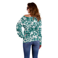 Hibiscus Pakala Aqua Teal Off Shoulder Sweater Tropical Floral Stylized - Polynesian Pride