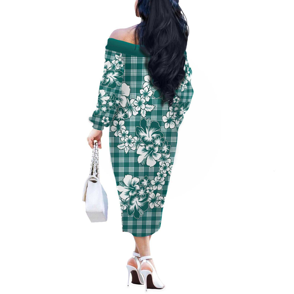 Hibiscus Pakala Aqua Teal Off The Shoulder Long Sleeve Dress Tropical Floral Stylized - Polynesian Pride