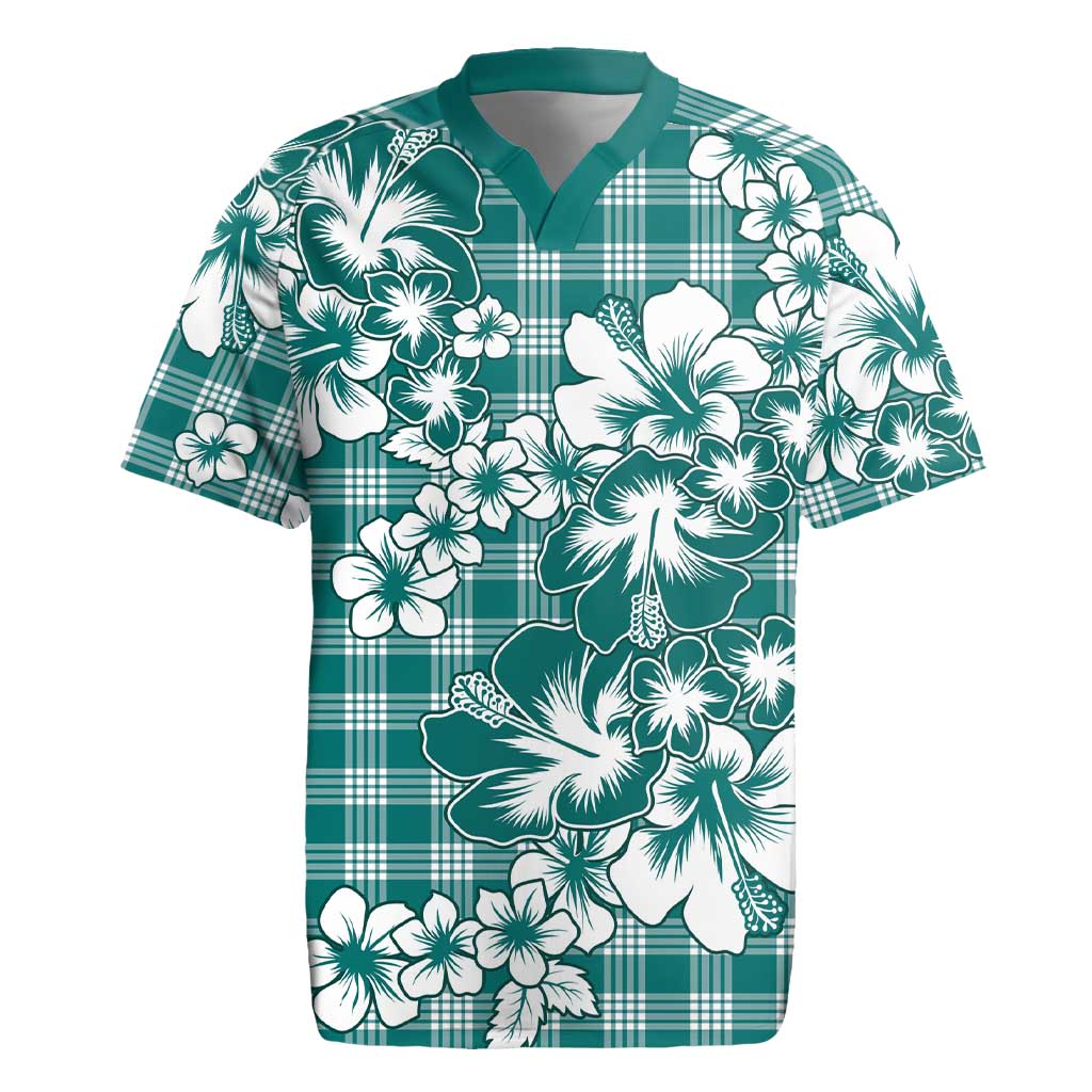 Hibiscus Pakala Aqua Teal Rugby Jersey Tropical Floral Stylized - Polynesian Pride