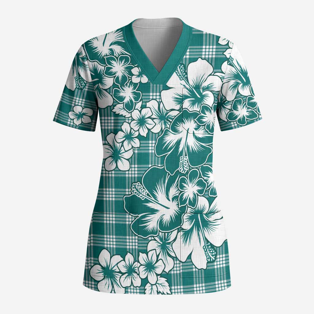Hibiscus Pakala Aqua Teal Scrub Top Tropical Floral Stylized LT01 Adult Teal - Polynesian Pride