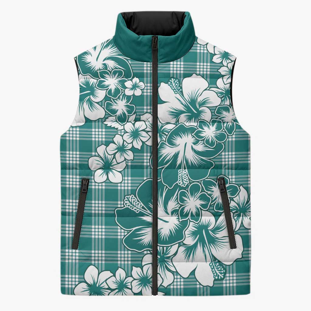Hibiscus Pakala Aqua Teal Sleeveless Puffer Jacket Tropical Floral Stylized - Polynesian Pride