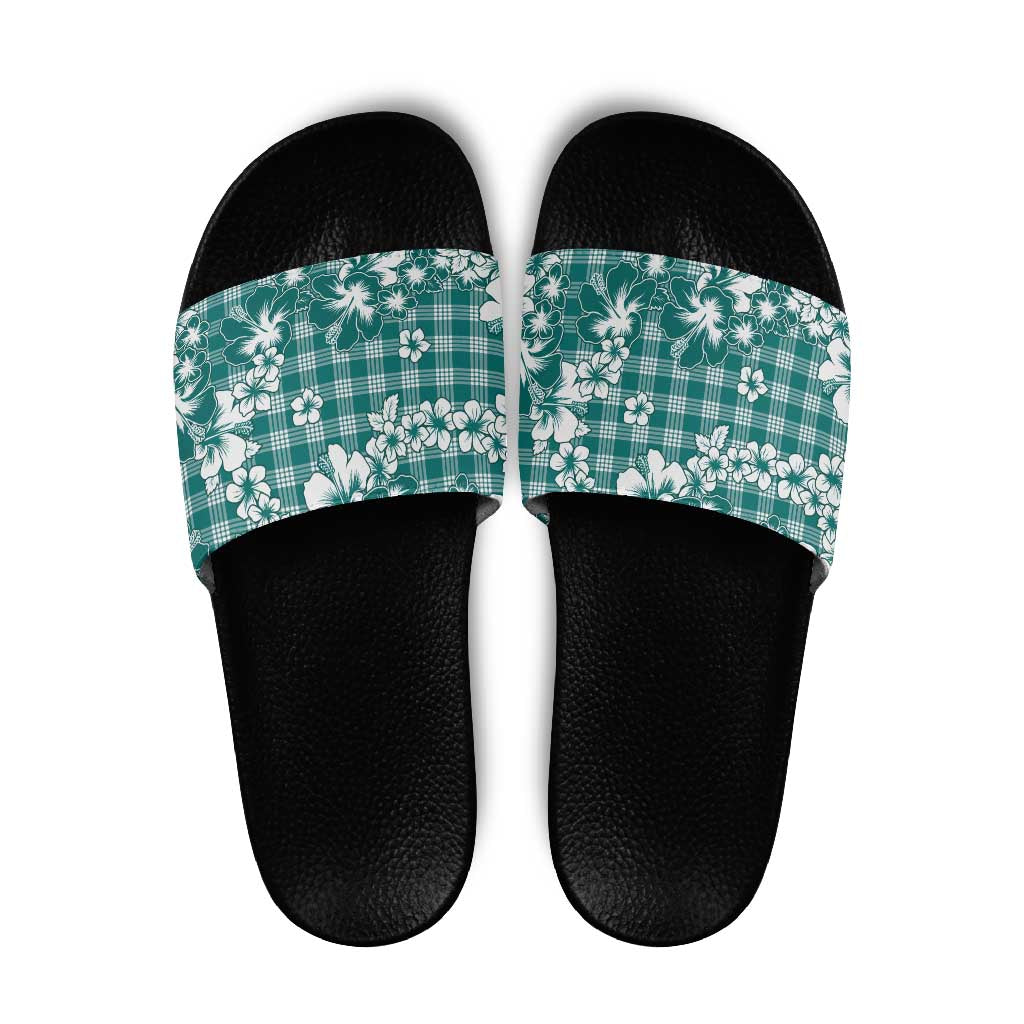 Hibiscus Pakala Aqua Teal Slide Sandals Tropical Floral Stylized - Polynesian Pride