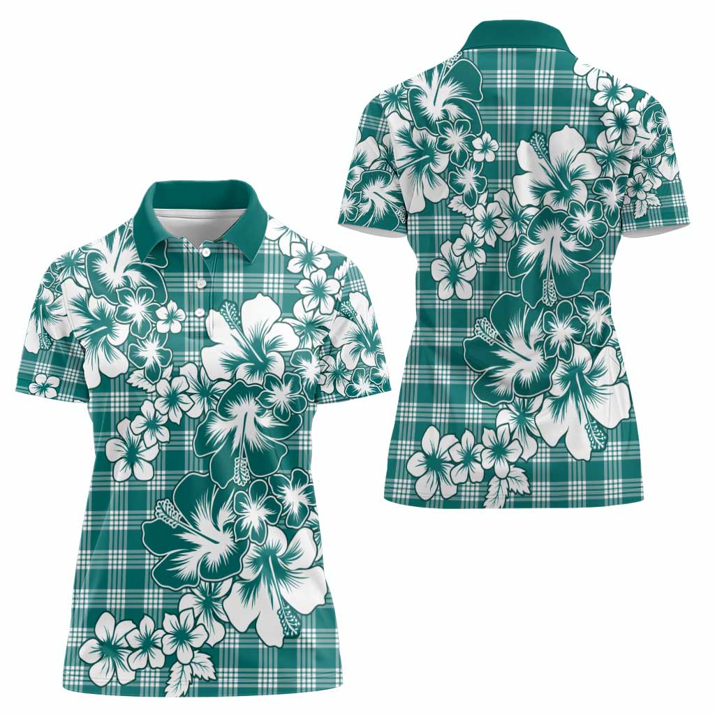 Hibiscus Pakala Aqua Teal Women Polo Shirt Tropical Floral Stylized - Polynesian Pride