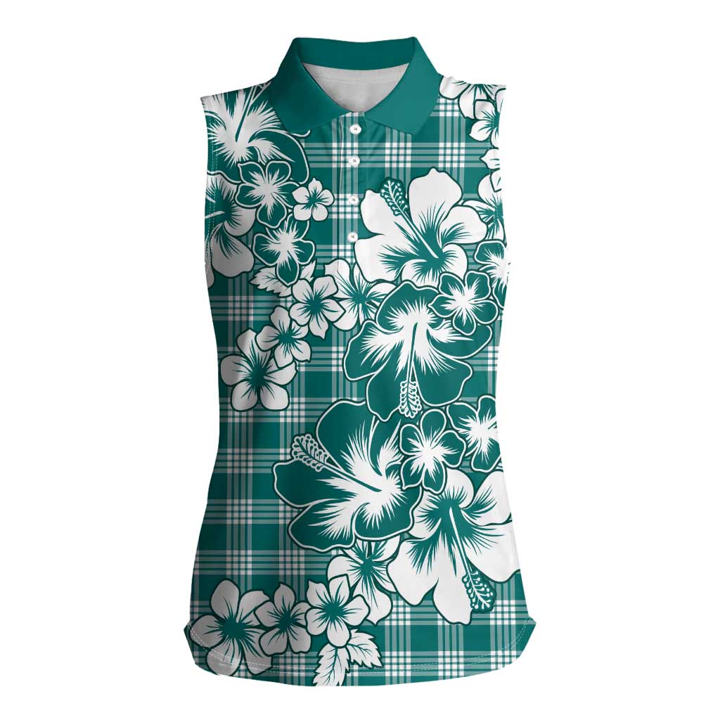 Hibiscus Pakala Aqua Teal Women Sleeveless Polo Shirt Tropical Floral Stylized - Polynesian Pride