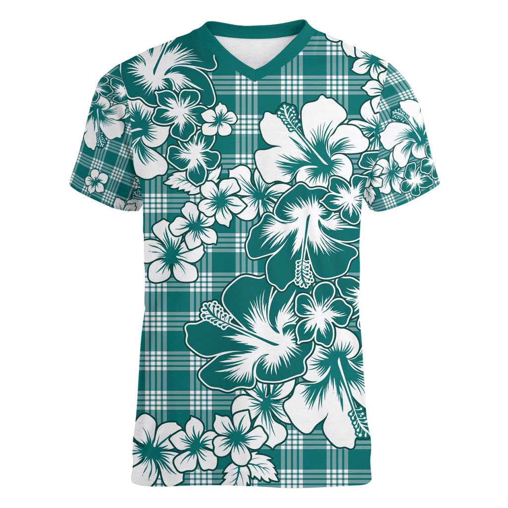 Hibiscus Pakala Aqua Teal Women V-Neck T-Shirt Tropical Floral Stylized - Polynesian Pride