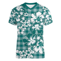 Hibiscus Pakala Aqua Teal Women V-Neck T-Shirt Tropical Floral Stylized - Polynesian Pride