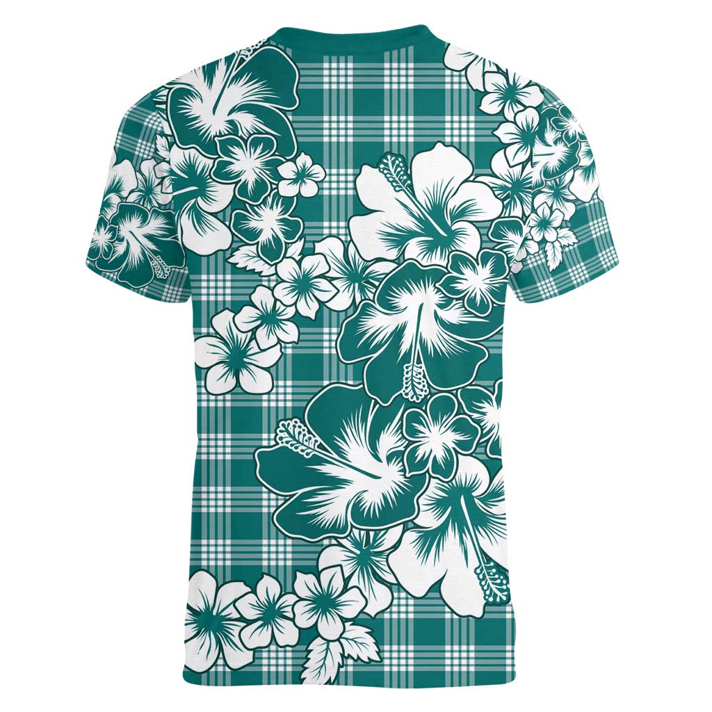 Hibiscus Pakala Aqua Teal Women V-Neck T-Shirt Tropical Floral Stylized - Polynesian Pride