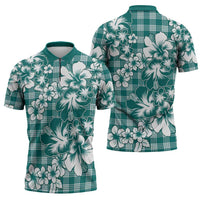 Hibiscus Pakala Aqua Teal Zipper Polo Shirt Tropical Floral Stylized - Polynesian Pride