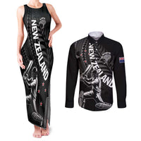 Custom New Zealand Cricket Couples Matching Tank Maxi Dress and Long Sleeve Button Shirt Maori Kiwi Black Fern
