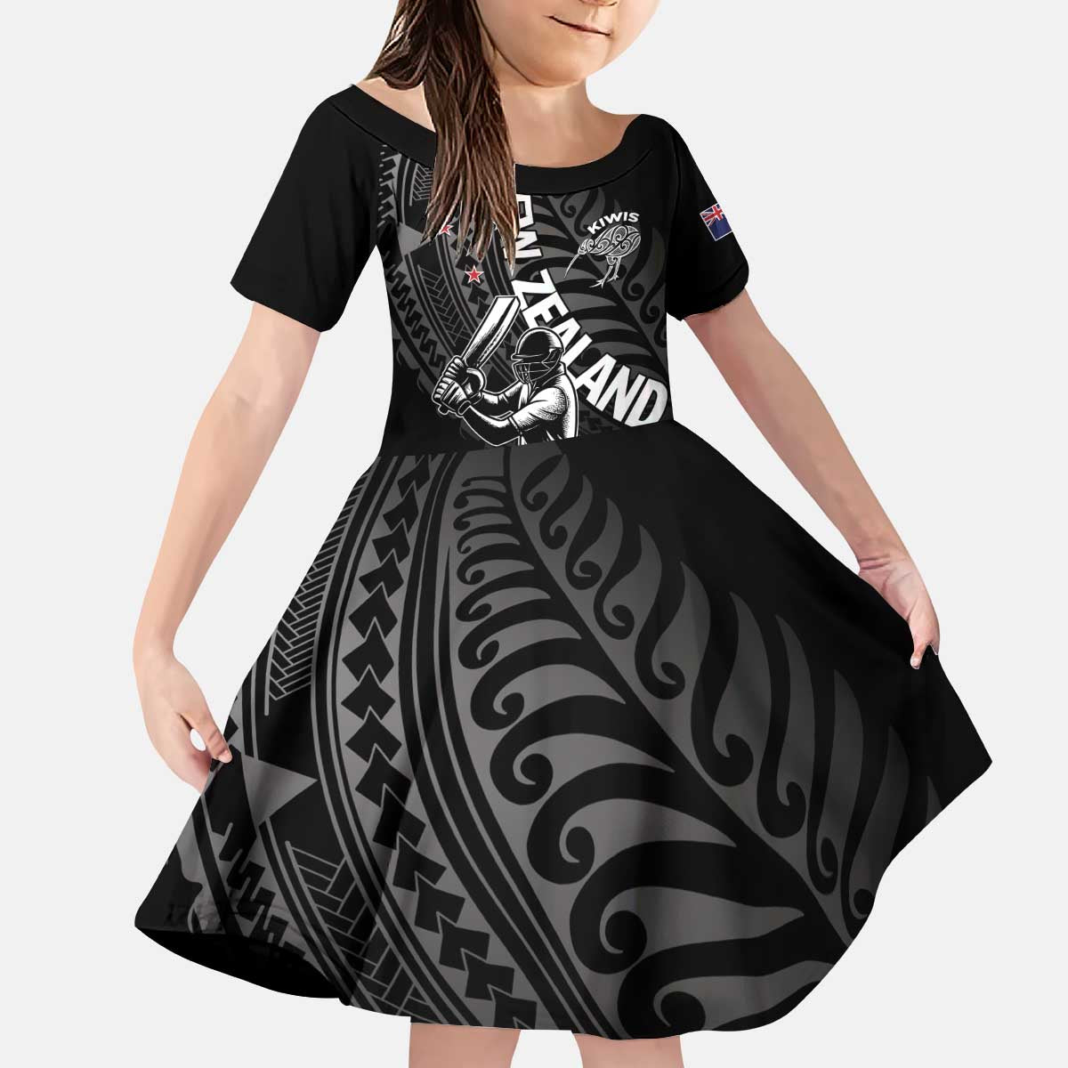 Custom New Zealand Cricket Kid Short Sleeve Dress Maori Kiwi Black Fern