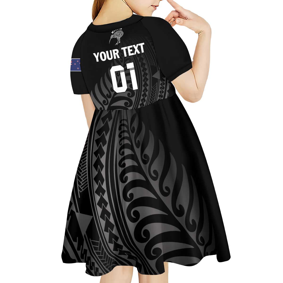 Custom New Zealand Cricket Kid Short Sleeve Dress Maori Kiwi Black Fern