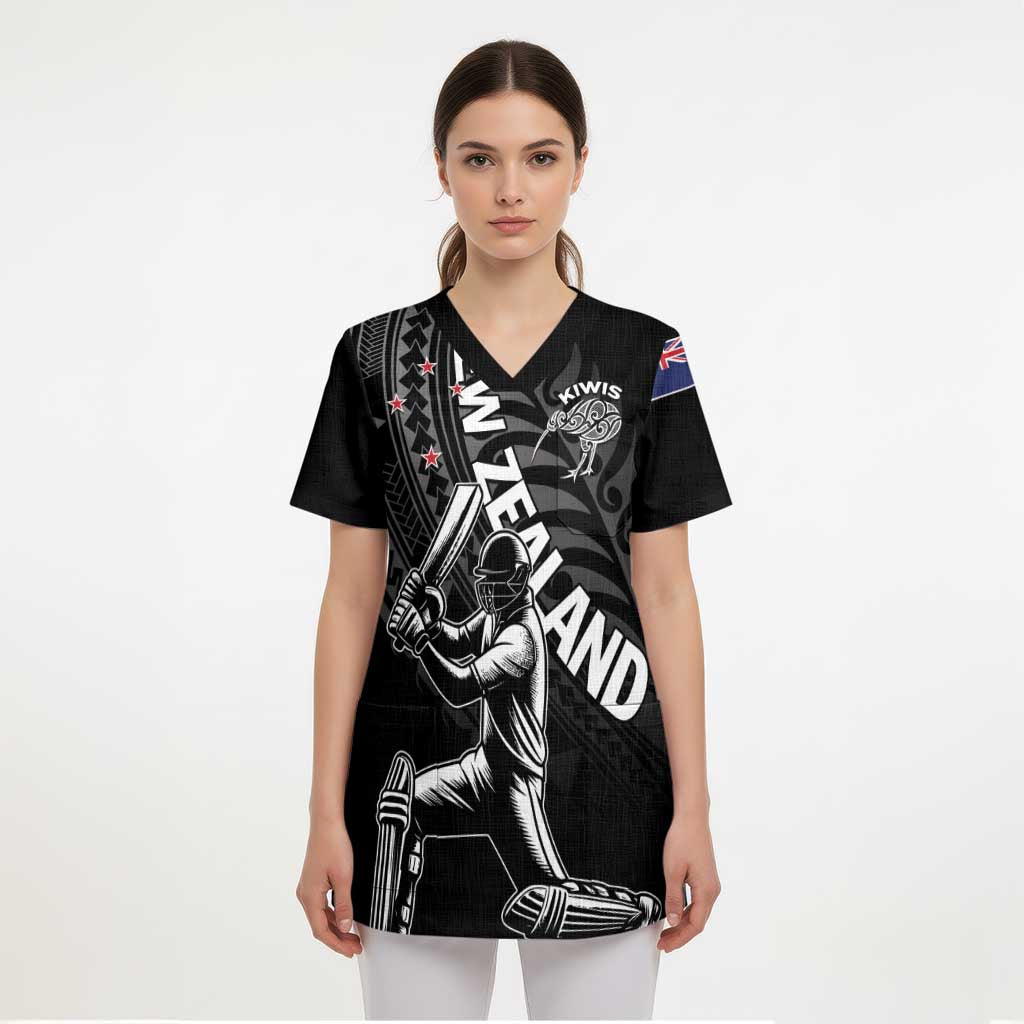 Custom New Zealand Cricket Scrub Top Maori Kiwi Black Fern - Polynesian Pride