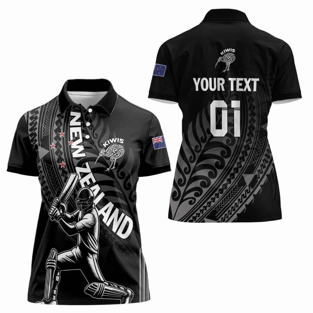 Custom New Zealand Cricket Women Polo Shirt Maori Kiwi Black Fern