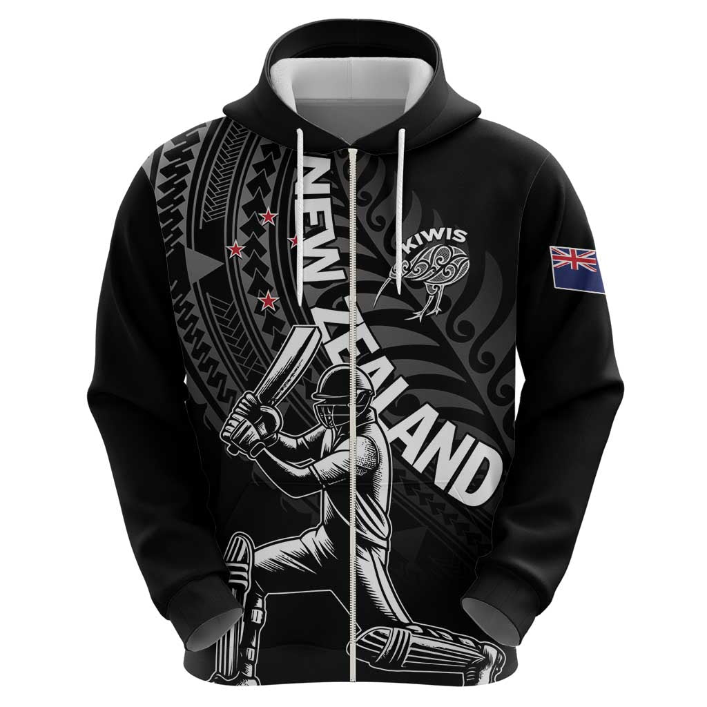 Custom New Zealand Cricket Zip Hoodie Maori Kiwi Black Fern