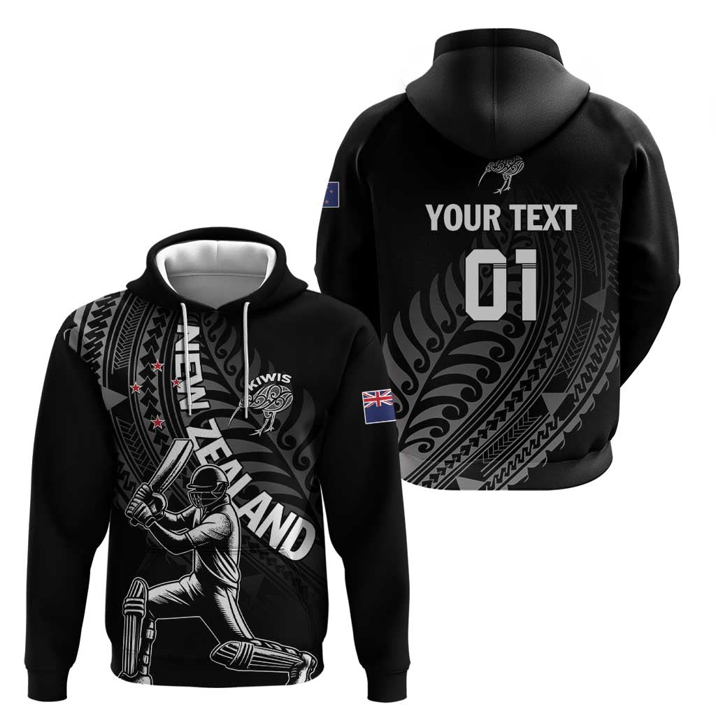 Custom New Zealand Cricket Zip Hoodie Maori Kiwi Black Fern