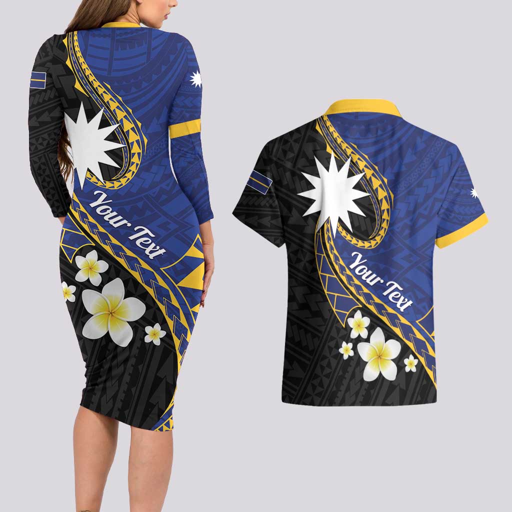 Personalised Nauru Couples Matching Long Sleeve Bodycon Dress and Hawaiian Shirt Naoero Proud Plumeria