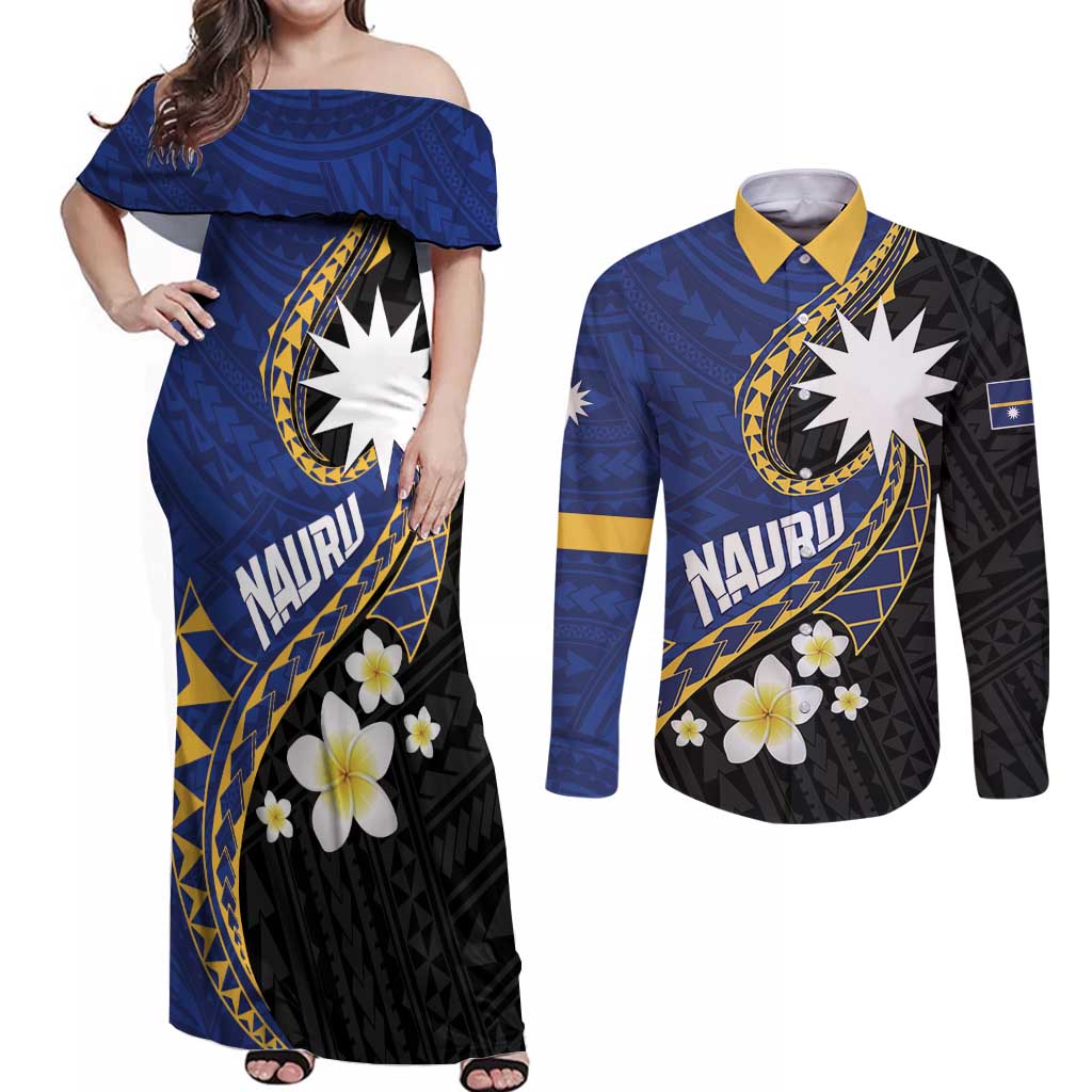 Personalised Nauru Couples Matching Off Shoulder Maxi Dress and Long Sleeve Button Shirt Naoero Proud Plumeria