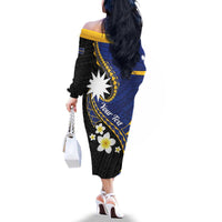 Personalised Nauru Family Matching Off The Shoulder Long Sleeve Dress and Hawaiian Shirt Naoero Proud Plumeria