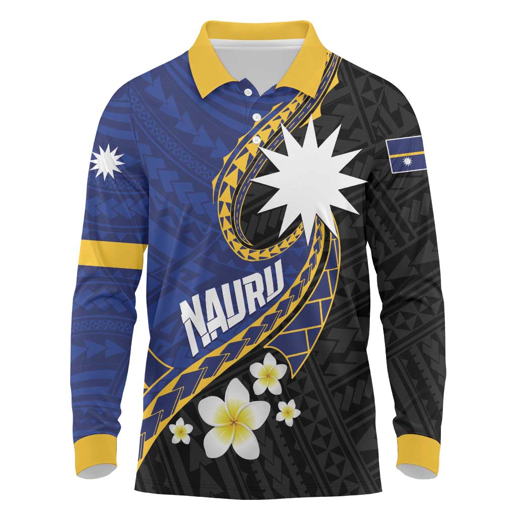 Personalised Nauru Long Sleeve Polo Shirt Naoero Proud Plumeria LT01 Blue - Polynesian Pride