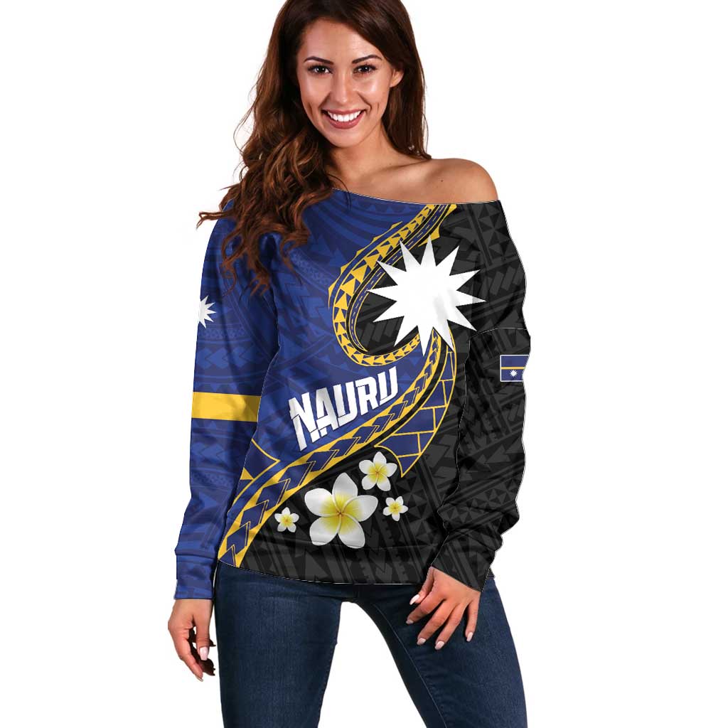 Personalised Nauru Off Shoulder Sweater Naoero Proud Plumeria LT01 Women Blue - Polynesian Pride
