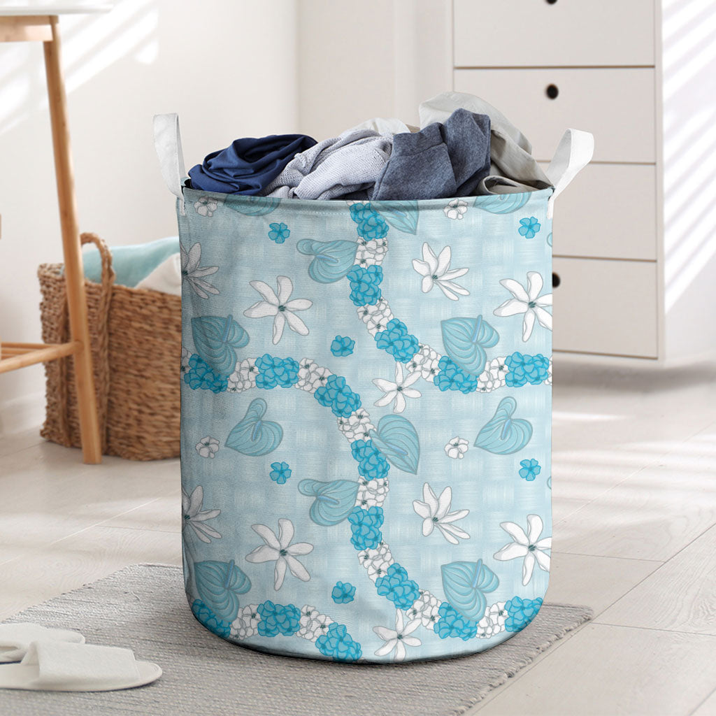 Hawaii Anthurium Tiare Pikake Lei Laundry Basket UliUli Lauhala Art Pattern LT01 Blue - Polynesian Pride