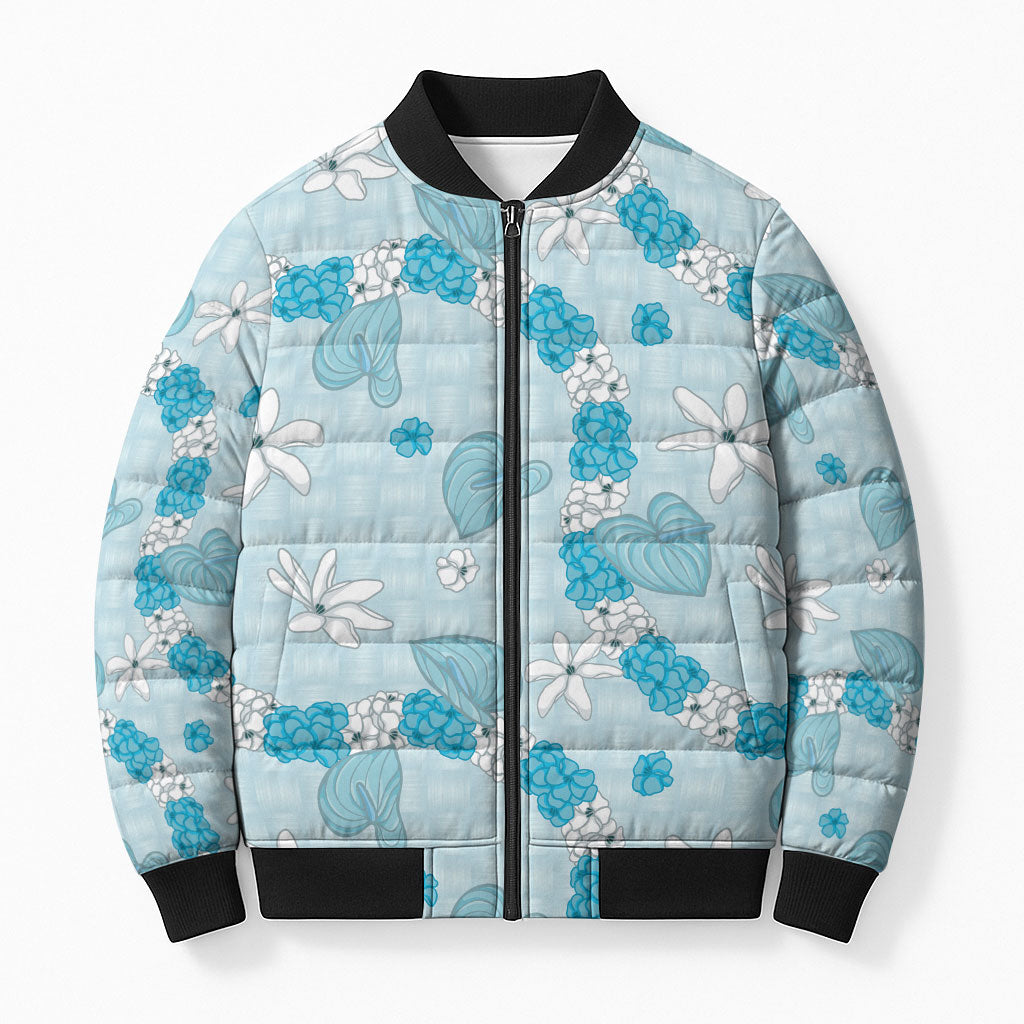 Hawaii Anthurium Tiare Pikake Lei Bomber Puffer Jacket UliUli Lauhala Art Pattern LT01 Unisex Blue - Polynesian Pride