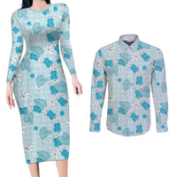 Hawaii Anthurium Tiare Pikake Lei Couples Matching Long Sleeve Bodycon Dress and Long Sleeve Button Shirt UliUli Lauhala Art Pattern