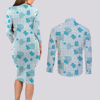 Hawaii Anthurium Tiare Pikake Lei Couples Matching Long Sleeve Bodycon Dress and Long Sleeve Button Shirt UliUli Lauhala Art Pattern