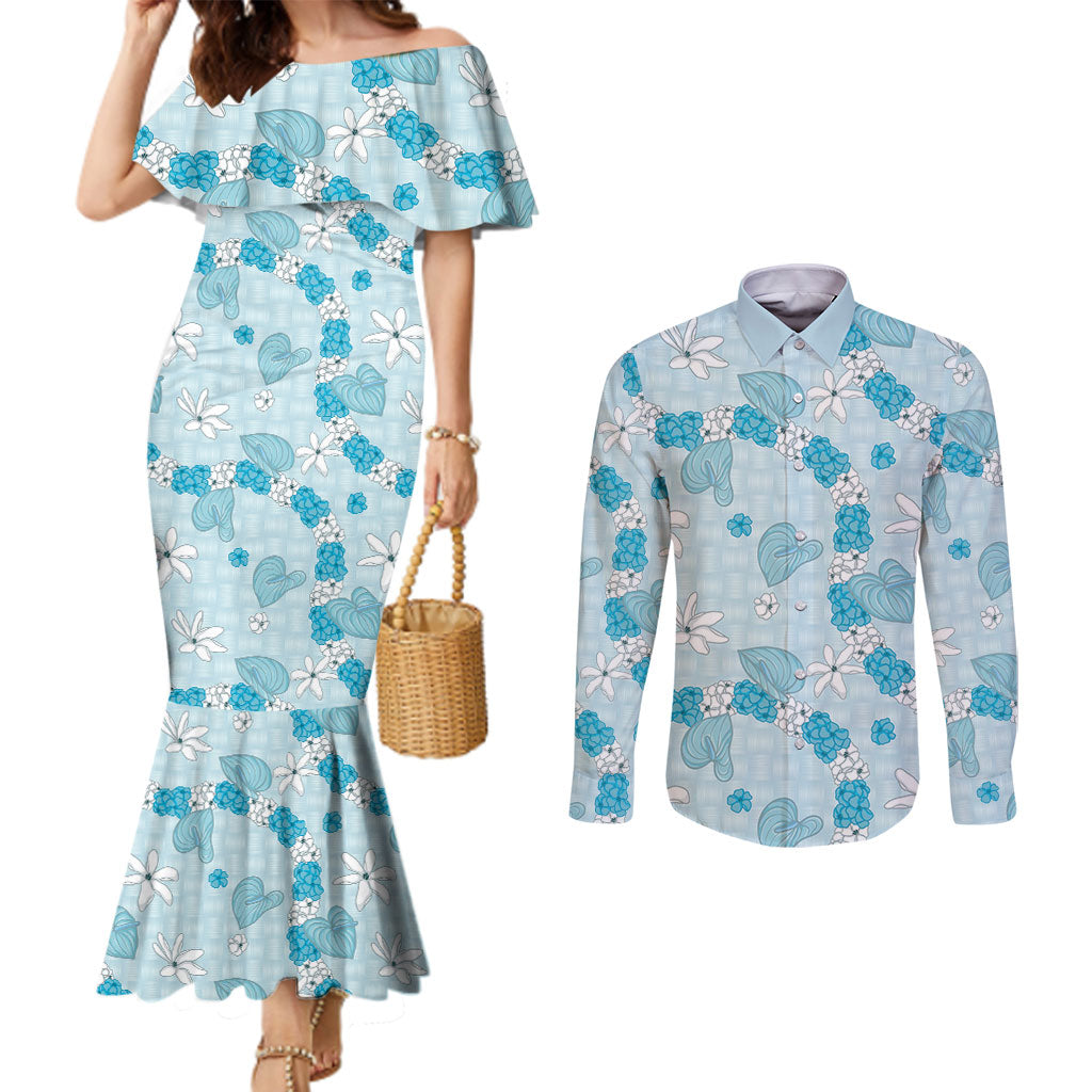 Hawaii Anthurium Tiare Pikake Lei Couples Matching Mermaid Dress and Long Sleeve Button Shirt UliUli Lauhala Art Pattern LT01 Blue - Polynesian Pride