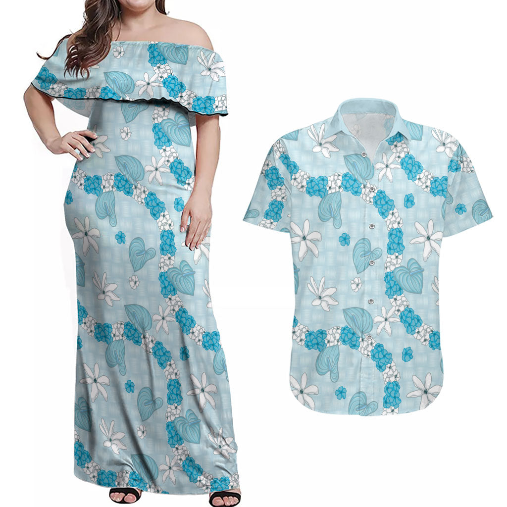 Hawaii Anthurium Tiare Pikake Lei Couples Matching Off Shoulder Maxi Dress and Hawaiian Shirt UliUli Lauhala Art Pattern LT01 Blue - Polynesian Pride