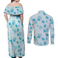 Hawaii Anthurium Tiare Pikake Lei Couples Matching Off Shoulder Maxi Dress and Long Sleeve Button Shirt UliUli Lauhala Art Pattern LT01 - Polynesian Pride