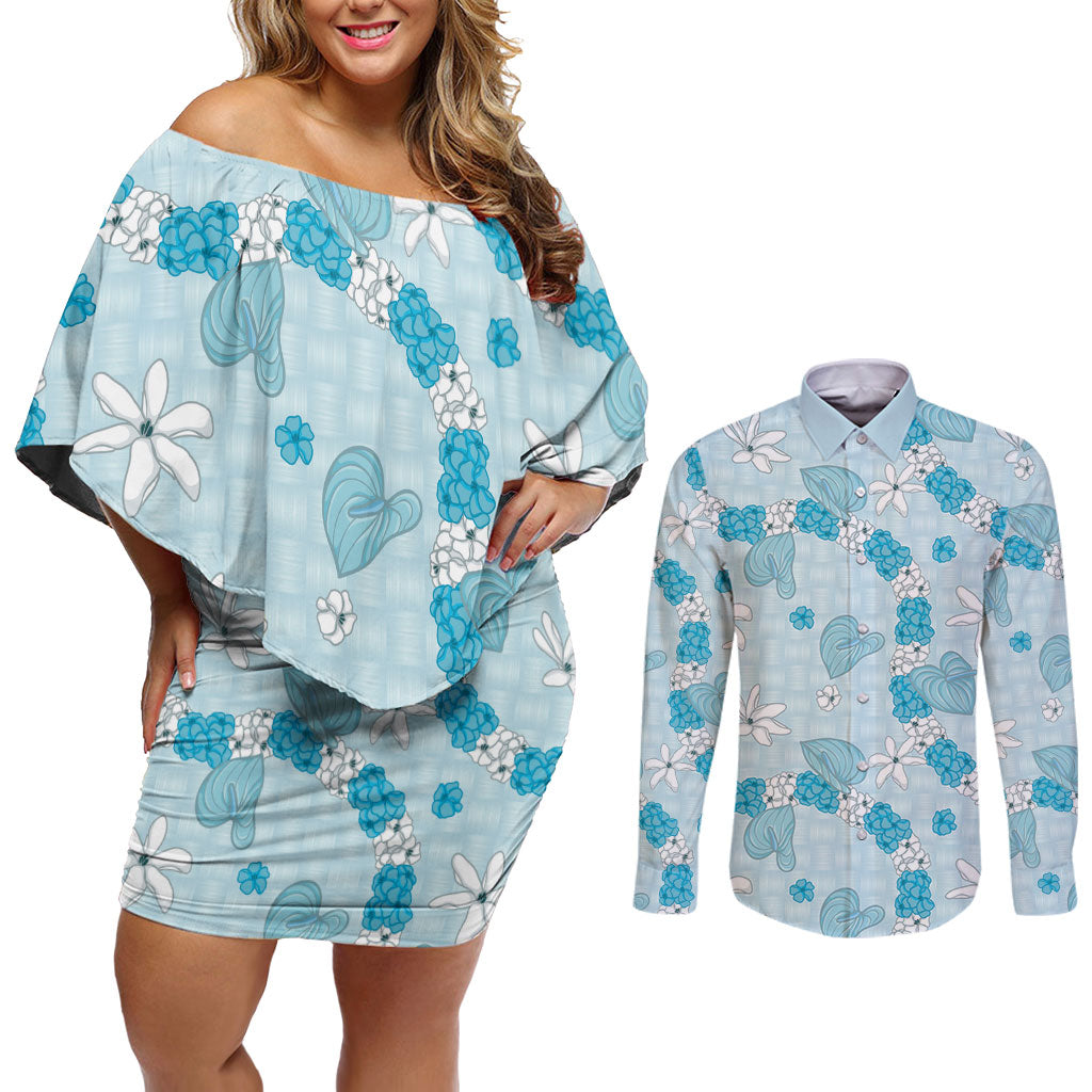 Hawaii Anthurium Tiare Pikake Lei Couples Matching Off Shoulder Short Dress and Long Sleeve Button Shirt UliUli Lauhala Art Pattern LT01 Blue - Polynesian Pride