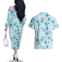 Hawaii Anthurium Tiare Pikake Lei Couples Matching Off The Shoulder Long Sleeve Dress and Hawaiian Shirt UliUli Lauhala Art Pattern