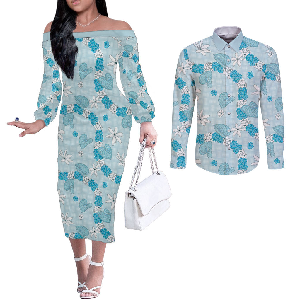 Hawaii Anthurium Tiare Pikake Lei Couples Matching Off The Shoulder Long Sleeve Dress and Long Sleeve Button Shirt UliUli Lauhala Art Pattern