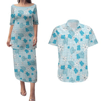 Hawaii Anthurium Tiare Pikake Lei Couples Matching Puletasi and Hawaiian Shirt UliUli Lauhala Art Pattern LT01 Blue - Polynesian Pride