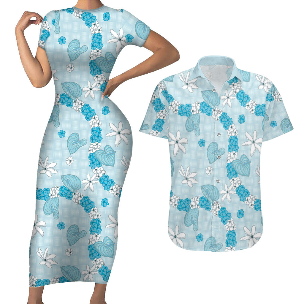 Hawaii Anthurium Tiare Pikake Lei Couples Matching Short Sleeve Bodycon Dress and Hawaiian Shirt UliUli Lauhala Art Pattern LT01 Blue - Polynesian Pride