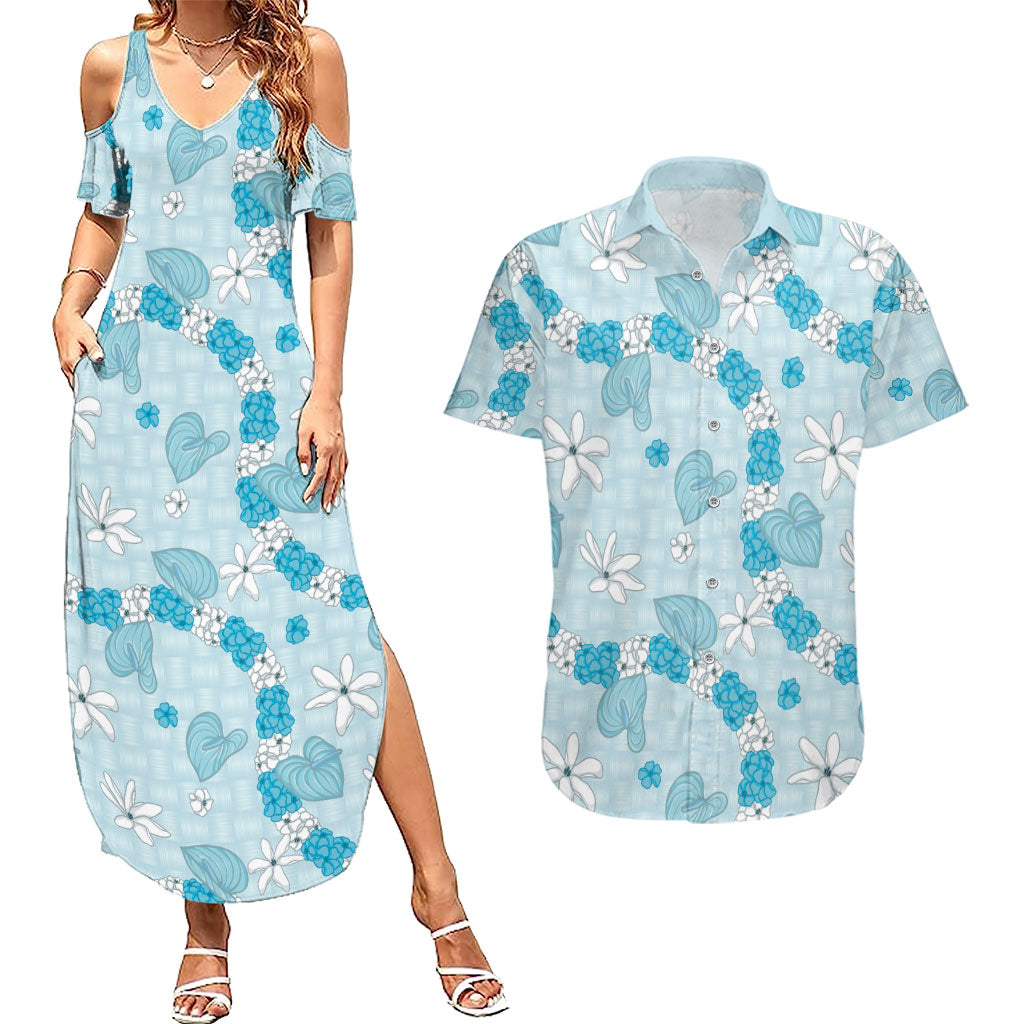 Hawaii Anthurium Tiare Pikake Lei Couples Matching Summer Maxi Dress and Hawaiian Shirt UliUli Lauhala Art Pattern LT01 Blue - Polynesian Pride