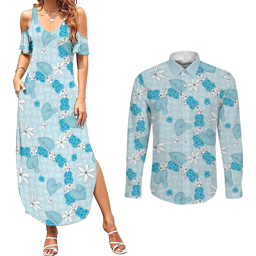 Hawaii Anthurium Tiare Pikake Lei Couples Matching Summer Maxi Dress and Long Sleeve Button Shirt UliUli Lauhala Art Pattern LT01 Blue - Polynesian Pride