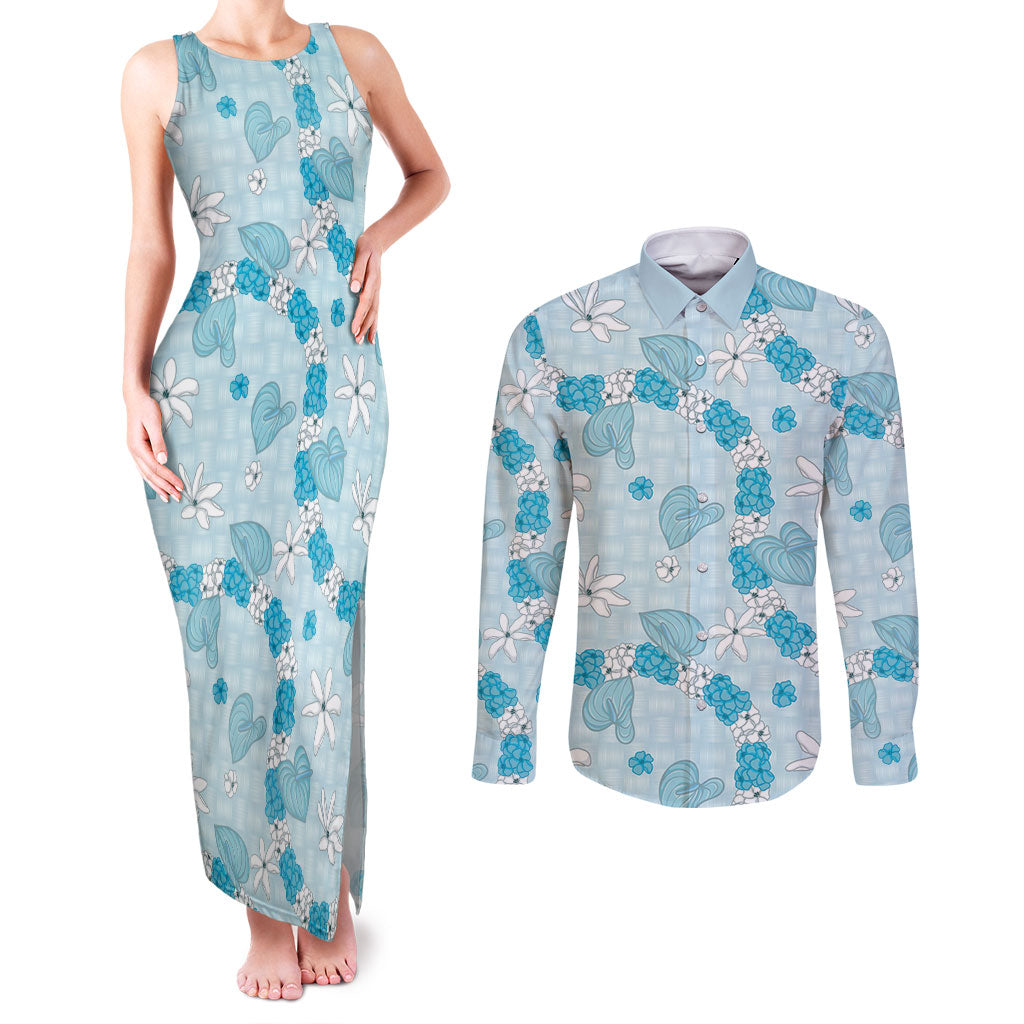Hawaii Anthurium Tiare Pikake Lei Couples Matching Tank Maxi Dress and Long Sleeve Button Shirt UliUli Lauhala Art Pattern LT01 Blue - Polynesian Pride