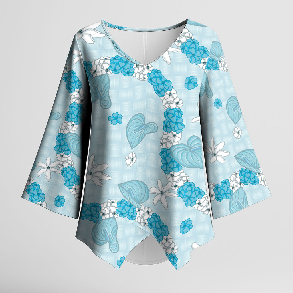 Hawaii Anthurium Tiare Pikake Lei Kimono Sleeve Blouse UliUli Lauhala Art Pattern LT01 Female Blue - Polynesian Pride