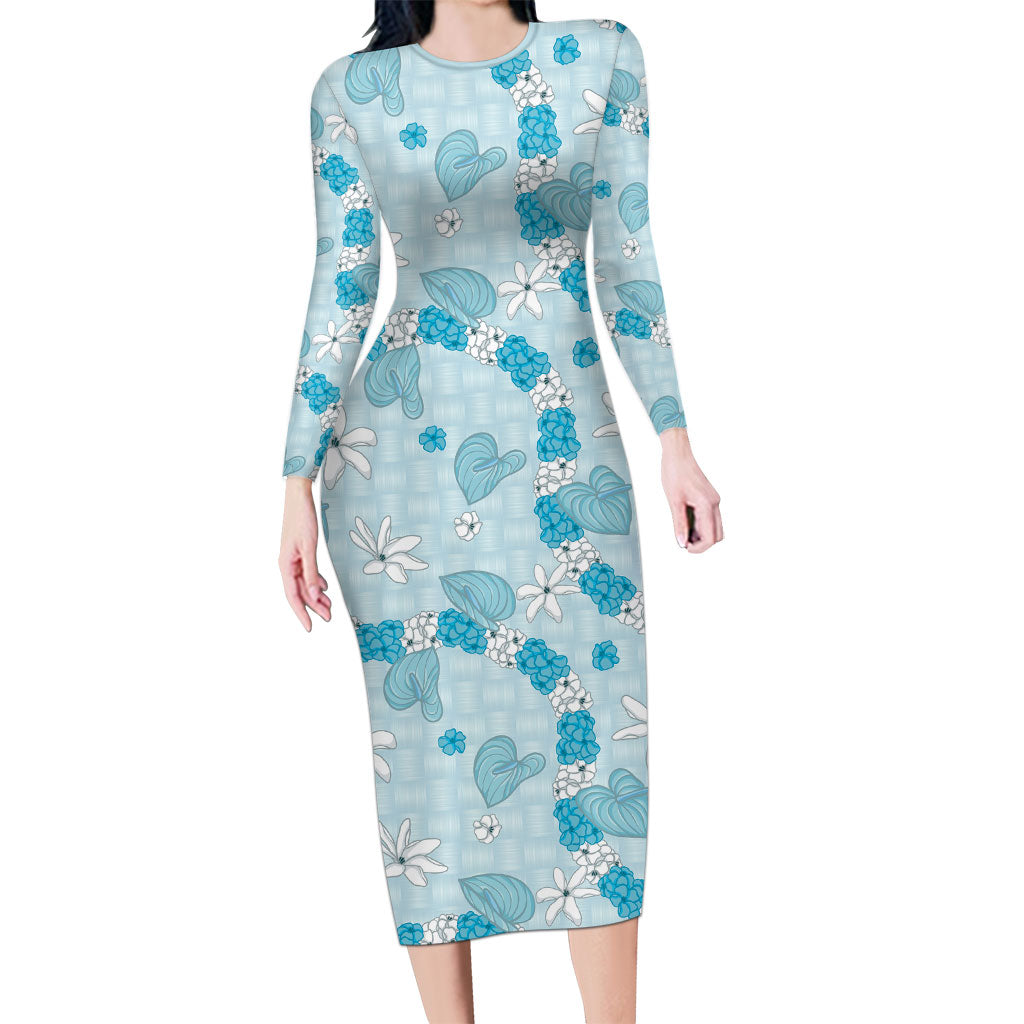Hawaii Anthurium Tiare Pikake Lei Long Sleeve Bodycon Dress UliUli Lauhala Art Pattern LT01 Long Dress Blue - Polynesian Pride