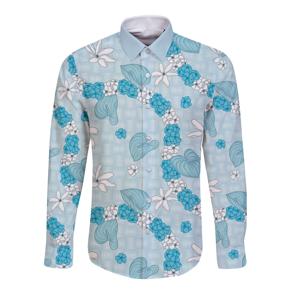 Hawaii Anthurium Tiare Pikake Lei Long Sleeve Button Shirt UliUli Lauhala Art Pattern LT01 Unisex Blue - Polynesian Pride
